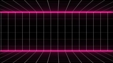 Retro siber punk tarzı 80 'lerin bilim-kurgu arka planı, lazer şebeke manzaralı. 1980 'lerin dijital siber yüzey tarzı. 3D illüstrasyon, vhs style 1990 'lar, oda hareket döngüsü sola veya sağa