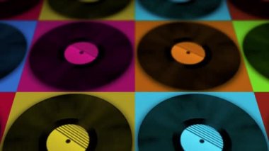 Basit renk arkaplanındaki vinil diskler döndürülüyor. Kusursuz döngü görüntüsü. Eski teknoloji. Retro tasarım. Dönüşümlü müzik kaydının 3 boyutlu animasyonu. Döngü animasyonu. Retro müzik klasikleri