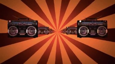 Retro taşınabilir stereo radyo kaset kaydedici. Kusursuz döngü. Boombox, kaset kasedi, klasik günışığı arkaplanı, karışık kaset antika kaset tasarımı, 3D Döngülü Animasyon 80 's Retro Style