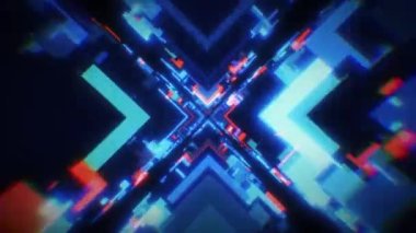 Yüksek teknoloji neon bilim kurgu tüneli. Moda neon parlaklık çizgileri ayna tünelinde kalıp ve yapı oluşturur. Teknolojik siber uzayda uçmak. Neon ışığı. 3D döngüsüz parlak gençlik arka planı.