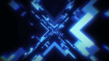 Yüksek teknoloji neon bilim kurgu tüneli. Moda neon parlaklık çizgileri ayna tünelinde kalıp ve yapı oluşturur. Teknolojik siber uzayda uçmak. Neon ışığı. 3D döngüsüz parlak gençlik arka planı.