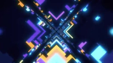 Yüksek teknoloji neon bilim kurgu tüneli. Moda neon parlaklık çizgileri ayna tünelinde kalıp ve yapı oluşturur. Teknolojik siber uzayda uçmak. Neon ışığı. 3D döngüsüz parlak gençlik arka planı.