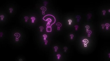 Siyah arka planda pembe neon soru işaretleri var. Üç boyutlu animasyon. Soru İşareti Döngüsü Canlandırılmış Arkaplan. Gizemli Uçan soru işaretleri, bir bilmece, bir cevap arıyor.