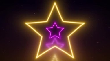 Neon tünelinden uçun. Soyut neon arka plan, yıldız koridorunda ileri doğru uçmak, uzun tünel, parlayan pembe mavi mor yıldızlar, ıslak zeminin altında pullarla uçan şekiller.