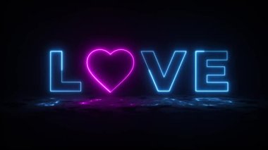 Mavi kelime aşk tasarımı ıslak zemin ve neon ışıklı. Soyut kozmik canlı renk kalp arkaplanı. 2023 Sevgililer Günü 'nü kutluyoruz. Romantik, fütüristik döngü görüntüleri.