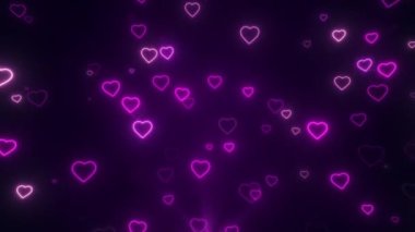 Döngü videosu. Karanlık arka planda soyut pembe kalpler. Konsept: Sevgililer günü, yıldönümü, anneler günü, evlilik, davetiye kartı. Neon kalpli kusursuz döngü konfeti pulları yavaş hareket ediyor