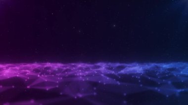 Wave of particles. Abstract background with a pink blue wave. Big data. Footage template. Dynamic particles sound wave flowing over dark. Blurred lights movie abstract background. Beautiful wave shaped