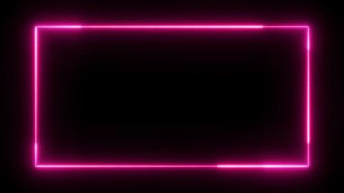 Dikdörtgen şeklinde neon çerçeve işareti. Görüntü döngüsü, siyah arkaplanda izole edilmiş neon ışık çizgileri. Neon dikdörtgen çerçeve. Koyu arkaplanda parlak efektler var. Boş parlayan tekno