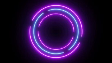 Neon dairesi mavi-mor aydınlatma çerçeve tasarımı. Soyut kozmik canlı renk çemberi arkaplanı. Koyu arkaplanda fotokopi alanı ile parlayan neon ışıkları. Ön görünüm fütürist biçim daireleri