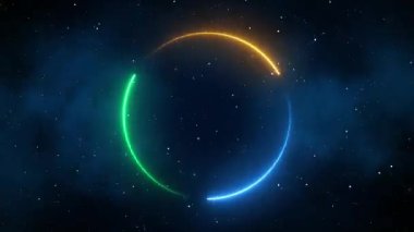 Canlı neon dairesi soyut fütüristik yüksek teknolojili hareket arkaplanı. Video döngüsü animasyonu. 3D görüntü, mavi yeşil yeşil neon çerçeve, halka şekli, boş alan, ultraviyole ışık, 80 'lerin retro tarzı.