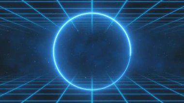 Canlı neon dairesi soyut fütüristik yüksek teknolojili hareket arkaplanı. Video döngüsü animasyonu. 3d render, mavi cyan neon çerçeve, daire, halka şekli, boş alan, morötesi ışık, 80 'lerin retro tarzı