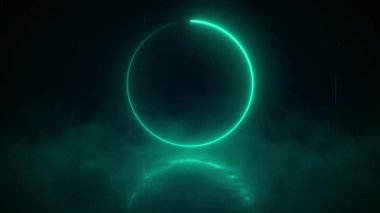 Soyut arkaplan gökkuşağı mavi spektrum floresan ışık neon daire LED animasyon 3D yansıtıcı ıslak zemin, ışık ve yağmur damlaları arka planda düşer