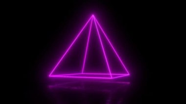 Parlayan neon şeklindeki soyut geometrik teknoloji. Neon ışıklı çizgiler. Perspektif olarak piramit kablosu. Fütürist vektör dijital 3d dikişsiz döngü dönüşü. Parlak pembe neon piramit