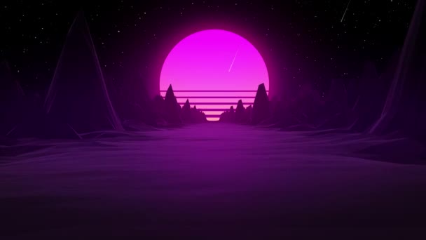 背景に太陽と山の間でトレンディなレトロな未来的なピンクと青のネオン3D道路 3Dレンダリング Retrowave Videogame Landscape Neon Lights Low Poly Terrain — ストック動画