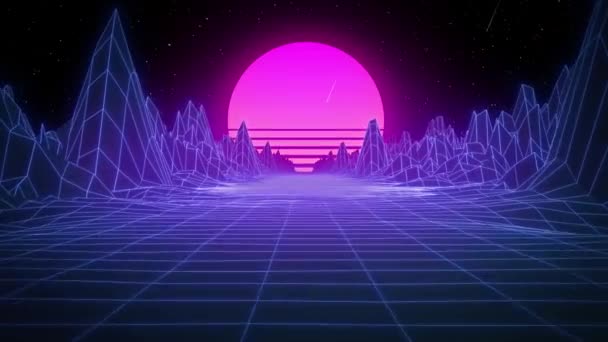 Modny Retro Futurystyczny Różowy Niebieski Neon Światła Drogi Wśród Gór — Wideo stockowe