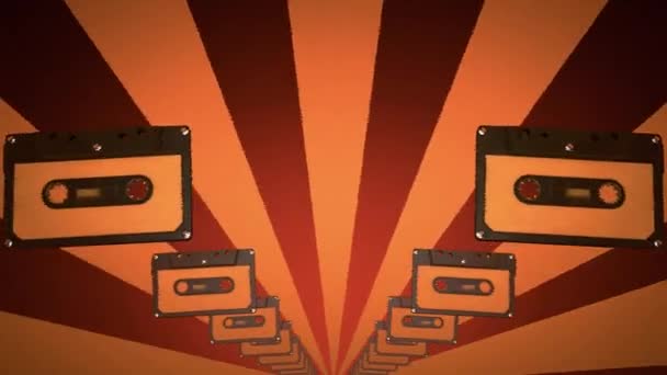 穆西切特 盒式磁带 老式防晒霜背景无缝循环 混合磁带复古盒式磁带设计 音乐复古和音频主题 磁带飞扬 — 图库视频影像