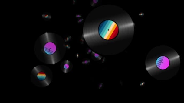 在黑色背景上飞行许多乙烯唱片 老技术 复古设计 3D动画音乐唱片旋转 循环动画 合成波 蒸汽波 逆波音乐Lp乙烯唱片 — 图库视频影像