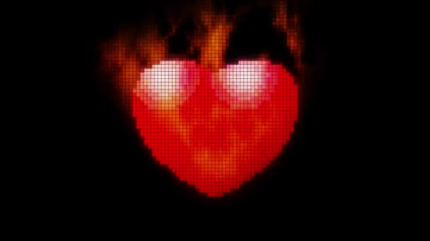 Czerwone Palące Serce Ikona Sztuki Pikseli Czarnym Tle Bitowy Symbol — Wideo stockowe