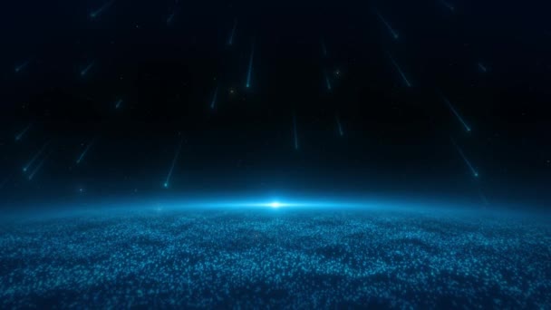 Chuva Meteoros Azul Cai Com Partículas Convergindo Uma Onda Oceânica — Vídeo de Stock