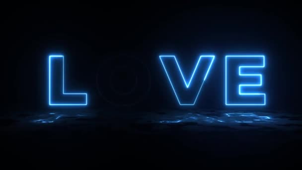 Синій Висвітлює Слово Дизайн Любові Вологим Підлогою Неоновим Сяйвом Абстрактний — стокове відео