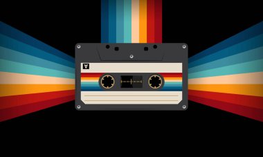 Retro müzik kaseti 80 'lerin tarzı, kaset kaseti, vektör resim illüstrasyonu, karışık teyp retro kaset tasarımı, müzik klasiği ve ses teması, Synthwave ve vaporwave şablonu.