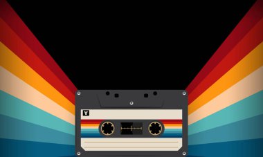 Retro müzik kaseti 80 'lerin tarzı, kaset kaseti, vektör resim illüstrasyonu, karışık teyp retro kaset tasarımı, müzik klasiği ve ses teması, Synthwave ve vaporwave şablonu.
