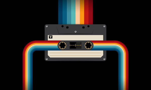 Ретро-музыка в стиле ретро 80-х, кассетная лента, векторная художественная иллюстрация, дизайн ретро-кассеты, музыкальная винтажная и звуковая тема, шаблон Synthwave и vaporwave