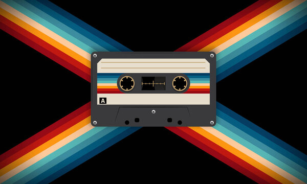 Ретро-музыка в стиле ретро 80-х, кассетная лента, векторная художественная иллюстрация, дизайн ретро-кассеты, музыкальная винтажная и звуковая тема, шаблон Synthwave и vaporwave
