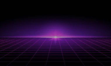 Sentetik dalga teli net çizimi. Soyut dijital arkaplan. 80 'ler, 90' lar Retro dalga siber şebekesi. Derin uzay yüzeyleri. Neon ışıkları parlıyor. Yıldızlı arka plan. Vektör 3B Hazırlama
