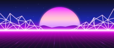 Sentetik dalga teli net çizimi. Soyut dijital arkaplan. 80 'ler, 90' lar Retro dalga siber şebekesi. Derin uzay yüzeyleri. Neon ışıkları parlıyor. Yıldızlı arka plan. Vektör 3 boyutlu görüntüleme. Gün batımına doğru