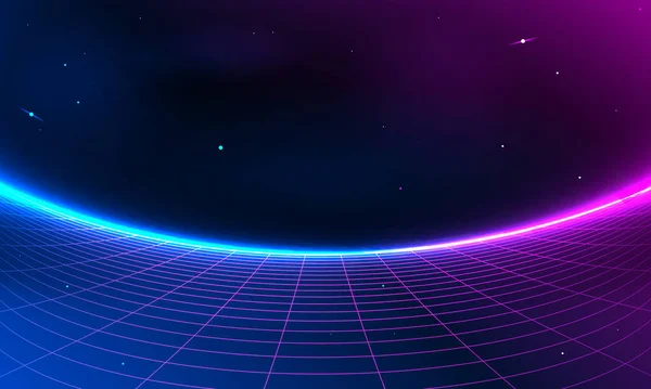 Retro Sci Fi背景未来グリッドの風景 1980年代のデジタルサイバー表面スタイル 3Dイラスト 無限のメッシュの底宇宙網の下の彗星 Synthwaveワイヤーフレームネットイラスト 80年代90年代レトロな未来 レトロな波のサイバーグリッド — ストックベクタ