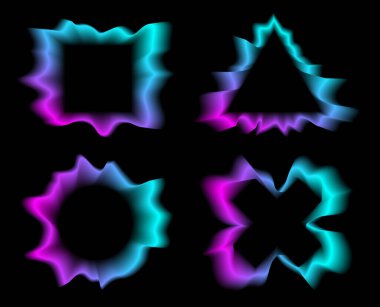 Geçmişe dönük gelecekçilik şekilleri, geometrik sıvı elementler. 80 'lerde holografik arka ışıklandırma 90' lardaydı. Geleceğin buhar dalgası tasarımı. Ürün ve tişört için modaya uygun formlar. Arıza elementlerinin vektör kümesi.