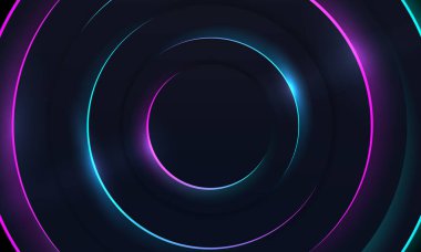 Radyal soyut neon arkaplan. Lazer neon çizgileri dairesel karanlık geometri boyunca daire şeklinde hareket eder. Kavramsal teknoloji geçmişi. Mavi mor ışık tayfı. 3d illüstrasyon