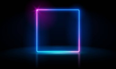 Koyu arkaplanda parlak efektleri olan neon kare çerçeve. Boş parlayan tekno fon. Vektör illüstrasyonu. 