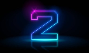 3d render, iki numara koyu mavi neon ışıkta parlıyor. Soyut kozmik canlı renkli neon parıltısı. Karanlık arka planda parlayan neon ışıkları. Rakamlar gelecekçi biçim