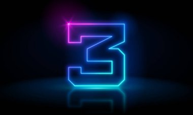 3d render, üç numara koyu mavi neon ışıkta parlıyor. Soyut kozmik canlı renkli neon parıltısı. Karanlık arka planda parlayan neon ışıkları. Rakamlar gelecekçi biçim