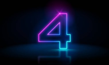 3D renkte, dört numara, koyu mavi neon ışıkta parlıyor. Soyut kozmik canlı renkli neon parıltısı. Karanlık arka planda parlayan neon ışıkları. Rakamlar gelecekçi biçim