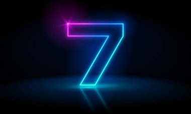 3D renkte, yedi numara, koyu mavi neon ışıkta parlıyor. Soyut kozmik canlı renkli neon parıltısı. Karanlık arka planda parlayan neon ışıkları. Rakamlar gelecekçi biçim