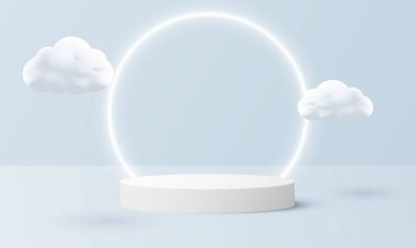 3d soyut asgari geometrik şekil şablonu arka planı. Açık mavi arkaplanda beyaz silindir neon podyum. Vektör çizimi. Bulutlu gökyüzü