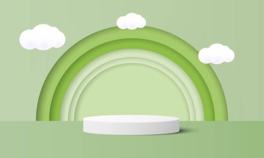 3d kağıt soyut, minimal geometrik şekil şablon arkaplanı keser. Yeşil daire arka planında beyaz silindir podyum. Vektör çizimi. Bulutlu gökyüzü