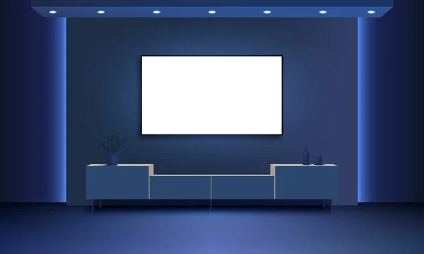 Wide Lcd Screen Dark Living Room Night Modern House Interior — Stock Vector