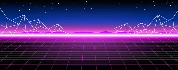 Synthwaveワイヤーフレームネットイラスト 要約デジタル背景 80年代90年代レトロな未来 レトロな波のサイバーグリッド 深宇宙の表面 ネオンが輝く 星空の背景 ベクトル3Dレンダリング — ストックベクタ