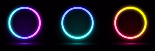 Render Blauer Neon Rundrahmen Kreis Ringform Leerraum Licht 80Er Jahre — Stockvektor