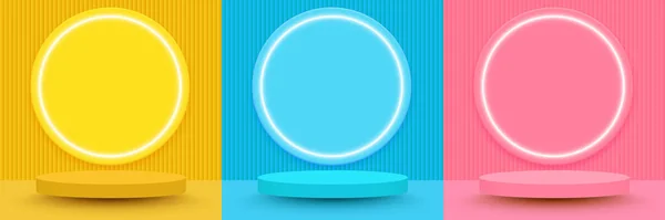 一套黄色 蓝色和粉色现实的3D圆柱形台座 背景为圆形霓虹灯 抽象矢量渲染几何形式 最小的场景 舞台展示 模拟产品展示 — 图库矢量图片