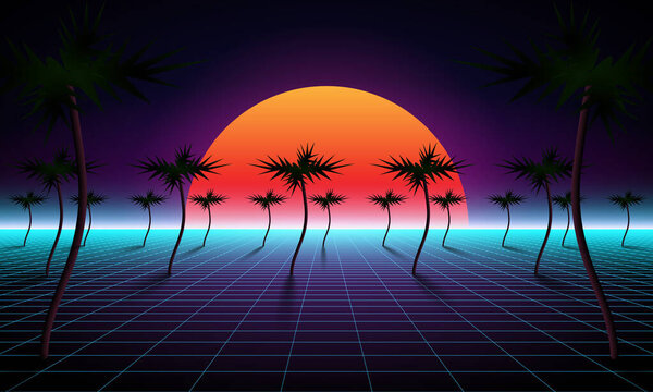 Synthwave wireframe net illustration. Abstract digital background. 80s, 90s Retro futurism, Retro wave cyber grid. Top and bottom surfaces. Neon lights glowing. Starry background. 3D Rendering with palms