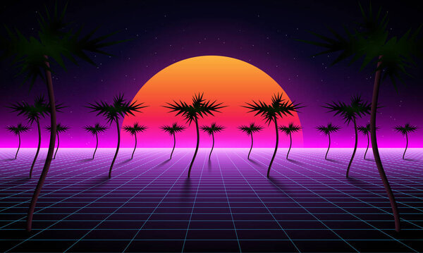 Synthwave wireframe net illustration. Abstract digital background. 80s, 90s Retro futurism, Retro wave cyber grid. Top and bottom surfaces. Neon lights glowing. Starry background. 3D Rendering with palms
