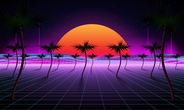 Synthwave wireframe net illustration. Abstract digital background. 80s, 90s Retro futurism, Retro wave cyber grid. Top and bottom surfaces. Neon lights glowing. Starry background. 3D Rendering with palms