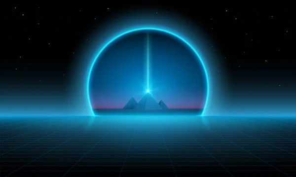 发现新的星系世界全景 幻想门户到遥远的宇宙 复古背景的未来景观1980年 通向另一个世界的门户 3D渲染 带有光束的金字塔 — 图库矢量图片
