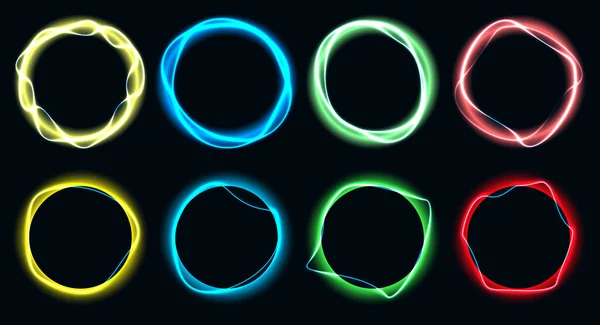 Set Med Render Blå Neon Rund Ram Cirkel Ring Form — Stock vektor