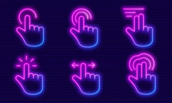 Neon Glow Hand Gesture Set Simple Line Icons Collection Web — Stock Vector